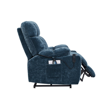Fauteuil releveur motorisé OKIN à double système de levage pour seniors, avec chauffage, massage, inclinaison à 180° et dossier/repose-pieds réglables.