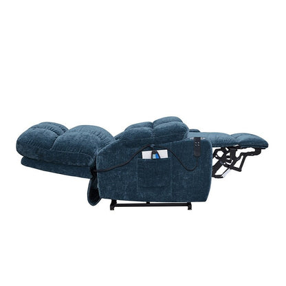 Fauteuil releveur motorisé OKIN à double système de levage pour seniors, avec chauffage, massage, inclinaison à 180° et dossier/repose-pieds réglables.