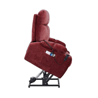 Fauteuil releveur motorisé OKIN à double système de levage pour seniors, avec chauffage, massage, inclinaison à 180° et dossier/repose-pieds réglables.