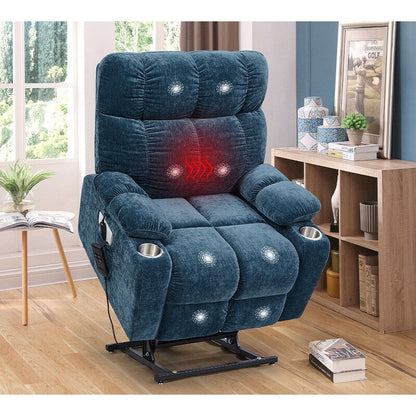 Fauteuil releveur motorisé OKIN à double système de levage pour seniors, avec chauffage, massage, inclinaison à 180° et dossier/repose-pieds réglables.