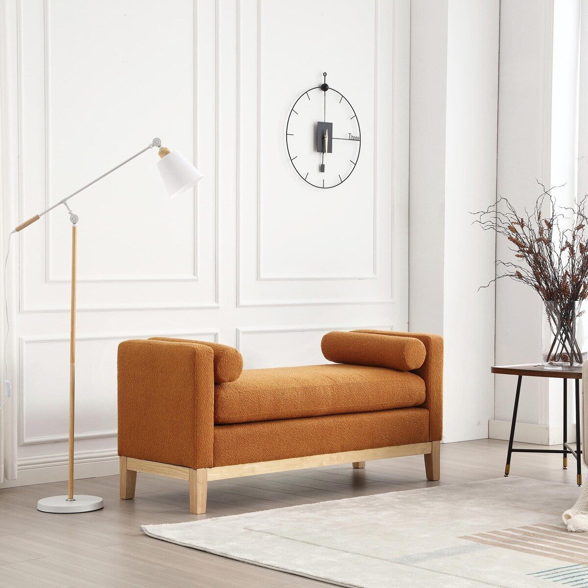 Élégant banc ottoman rembourré de 53,5 pouces avec pieds en bois et coussins cylindriques