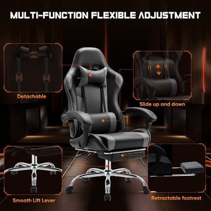 Fauteuil de jeu ergonomique pivotant à 360° en cuir PU avec repose-pieds, appui-tête, soutien lombaire et hauteur réglable