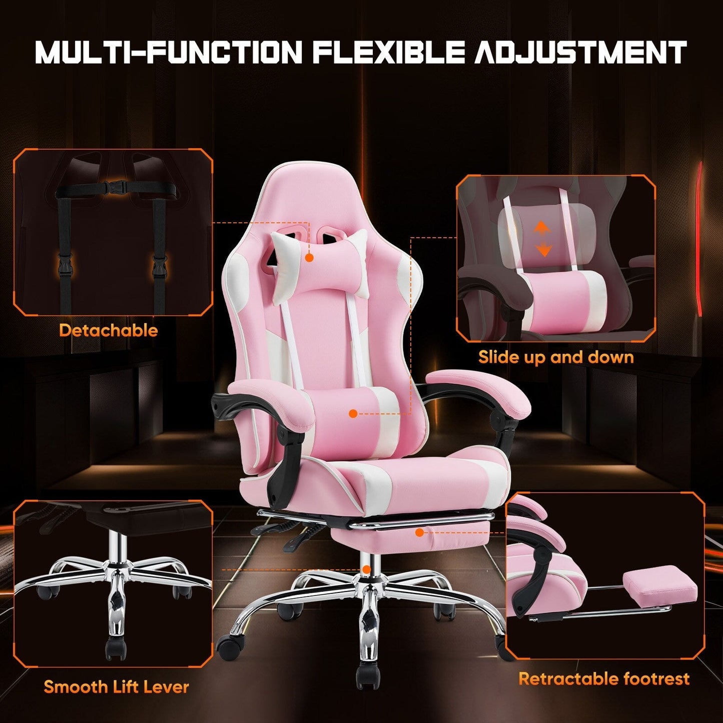 Fauteuil de jeu ergonomique pivotant à 360° en cuir PU avec repose-pieds, appui-tête, soutien lombaire et hauteur réglable