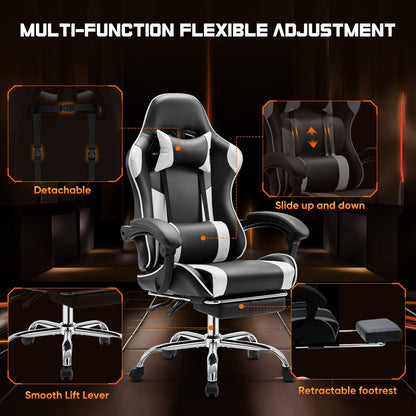 Fauteuil de jeu ergonomique pivotant à 360° en cuir PU avec repose-pieds, appui-tête, soutien lombaire et hauteur réglable