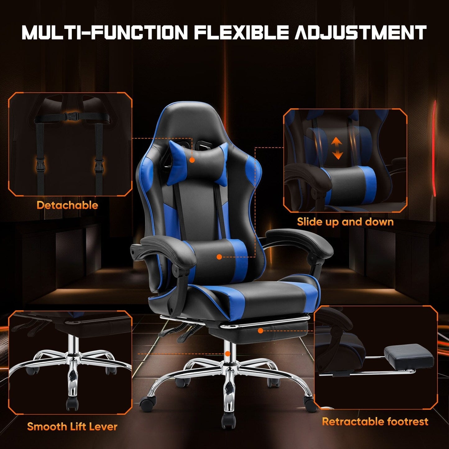 Fauteuil de jeu ergonomique pivotant à 360° en cuir PU avec repose-pieds, appui-tête, soutien lombaire et hauteur réglable