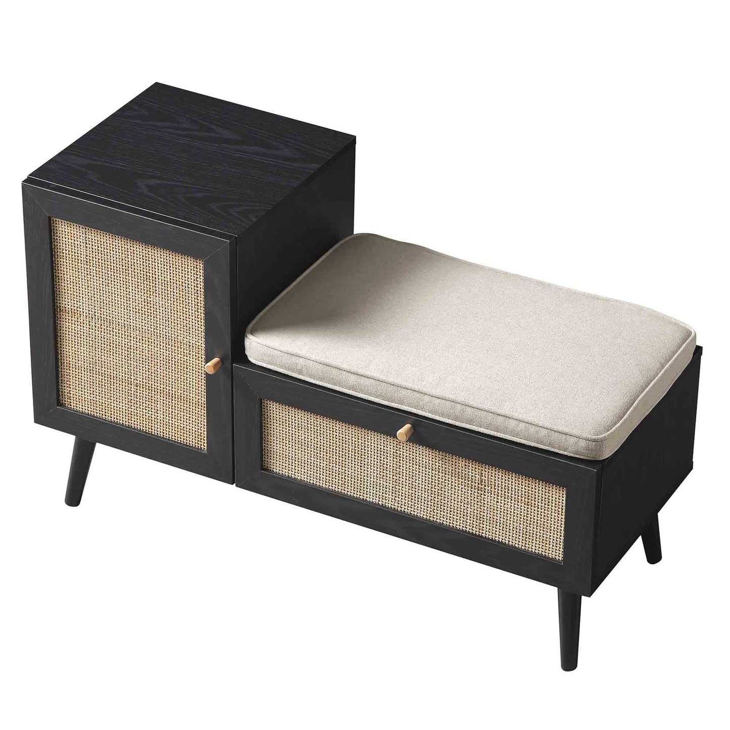 Banc de rangement en rotin tressé Frances avec coussin, noir