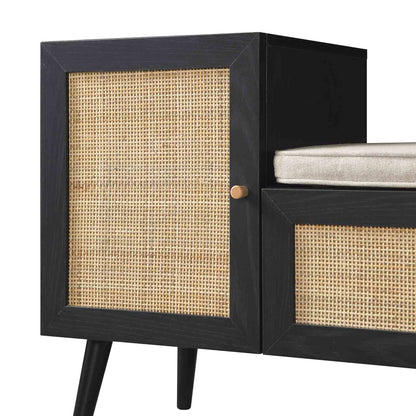Banc de rangement en rotin tressé Frances avec coussin, noir