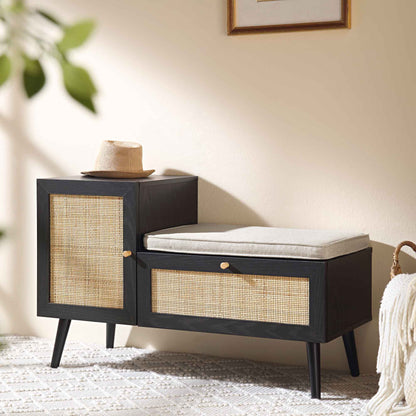 Banc de rangement en rotin tressé Frances avec coussin, noir