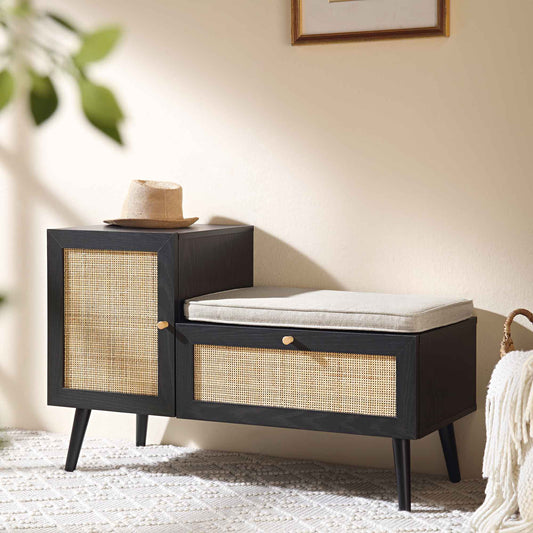 Banc de rangement en rotin tressé Frances avec coussin, noir