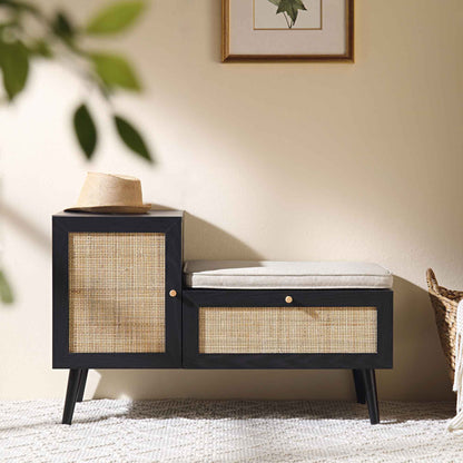 Banc de rangement en rotin tressé Frances avec coussin, noir