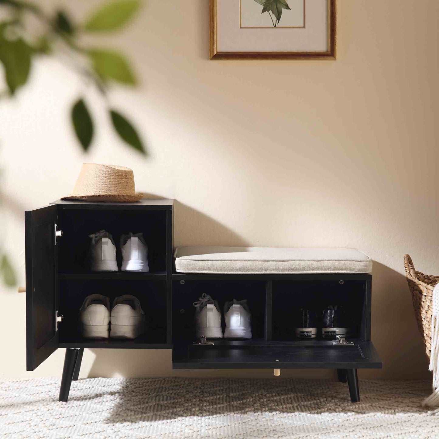 Banc de rangement en rotin tressé Frances avec coussin, noir