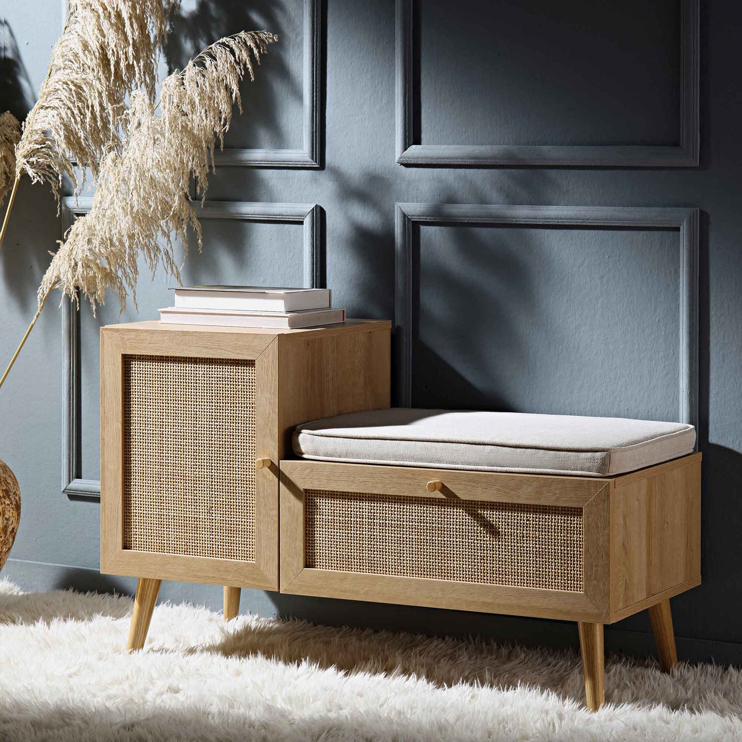 Banc de rangement en rotin tressé Frances avec coussin, naturel