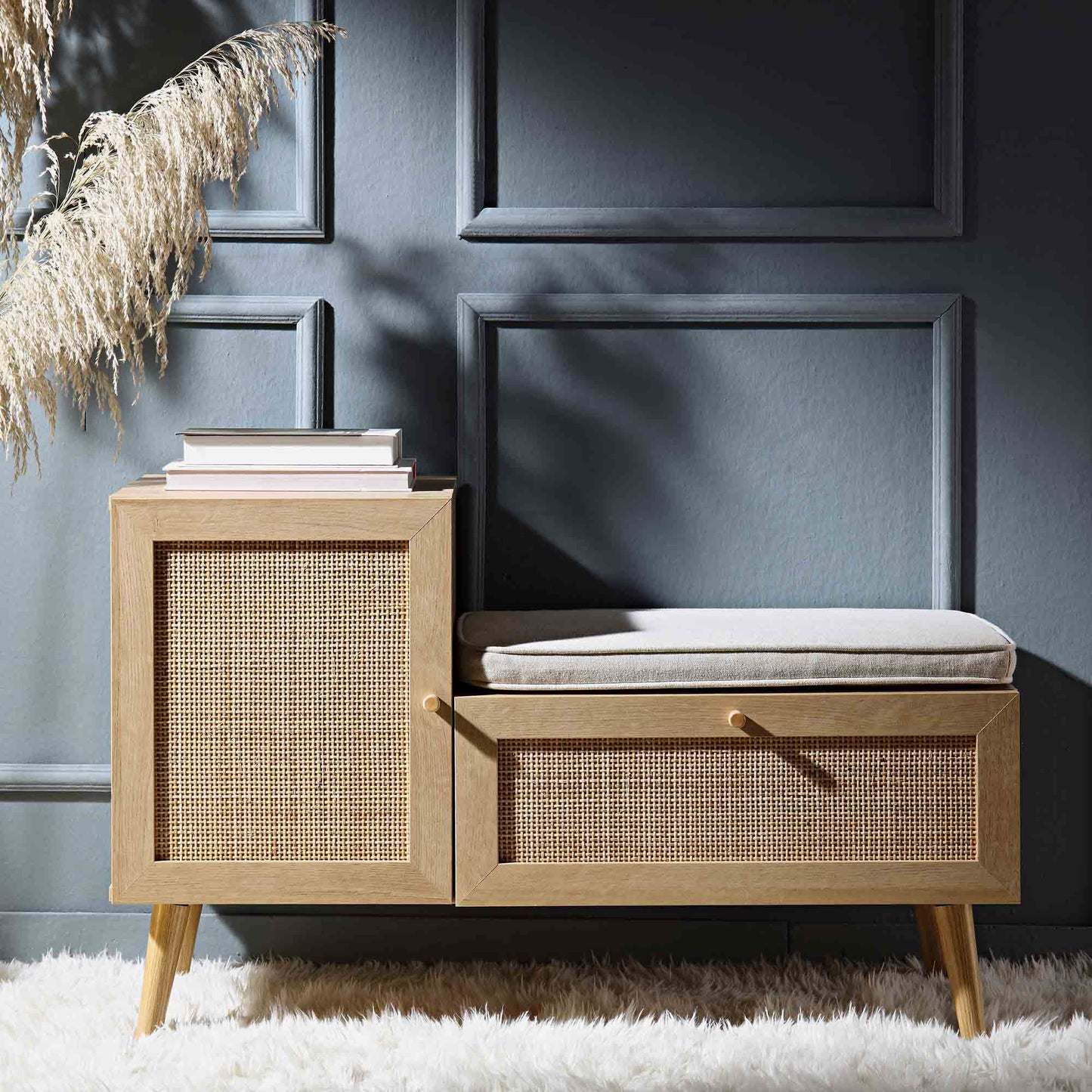 Banc de rangement en rotin tressé Frances avec coussin, naturel