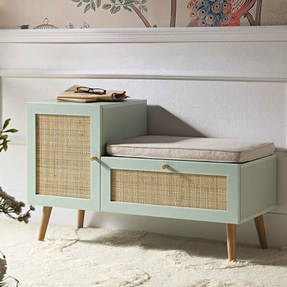 Banc de rangement en rotin tressé Frances avec coussin, menthe