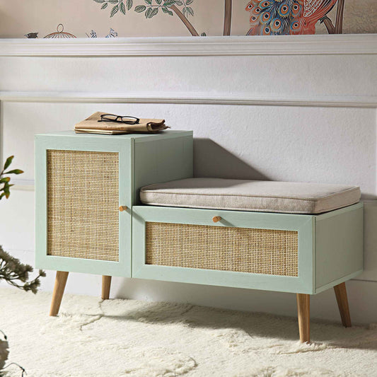 Banc de rangement en rotin tressé Frances avec coussin, menthe