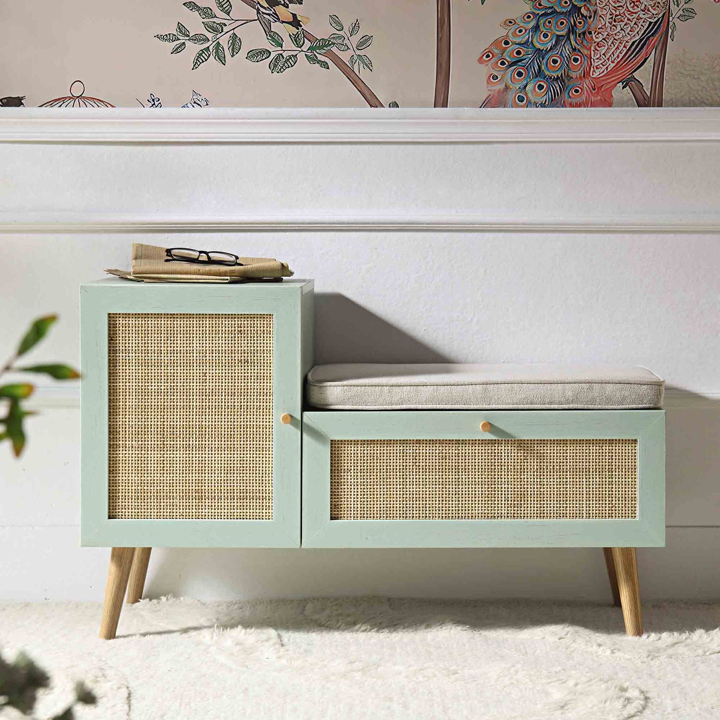 Banc de rangement en rotin tressé Frances avec coussin, menthe