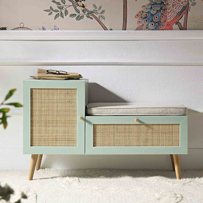 Banc de rangement en rotin tressé Frances avec coussin, menthe
