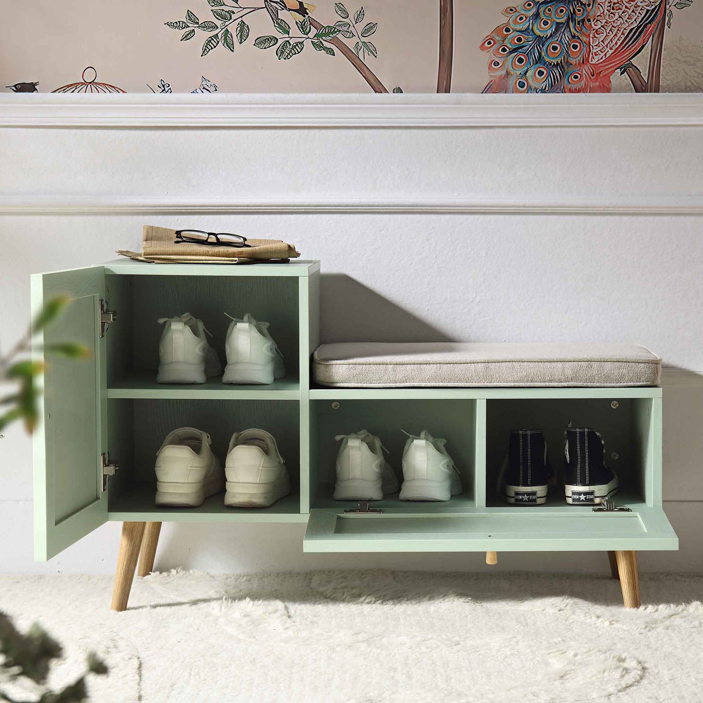 Banc de rangement en rotin tressé Frances avec coussin, menthe