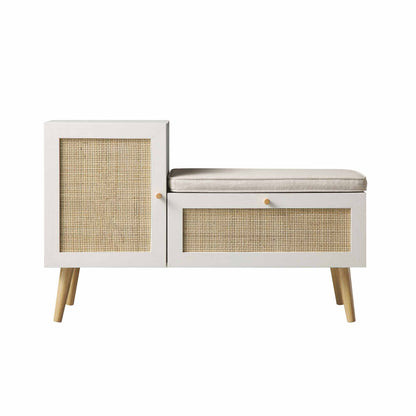 Banc de rangement en rotin tressé Frances avec coussin, blanc