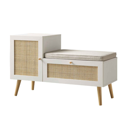 Banc de rangement en rotin tressé Frances avec coussin, blanc