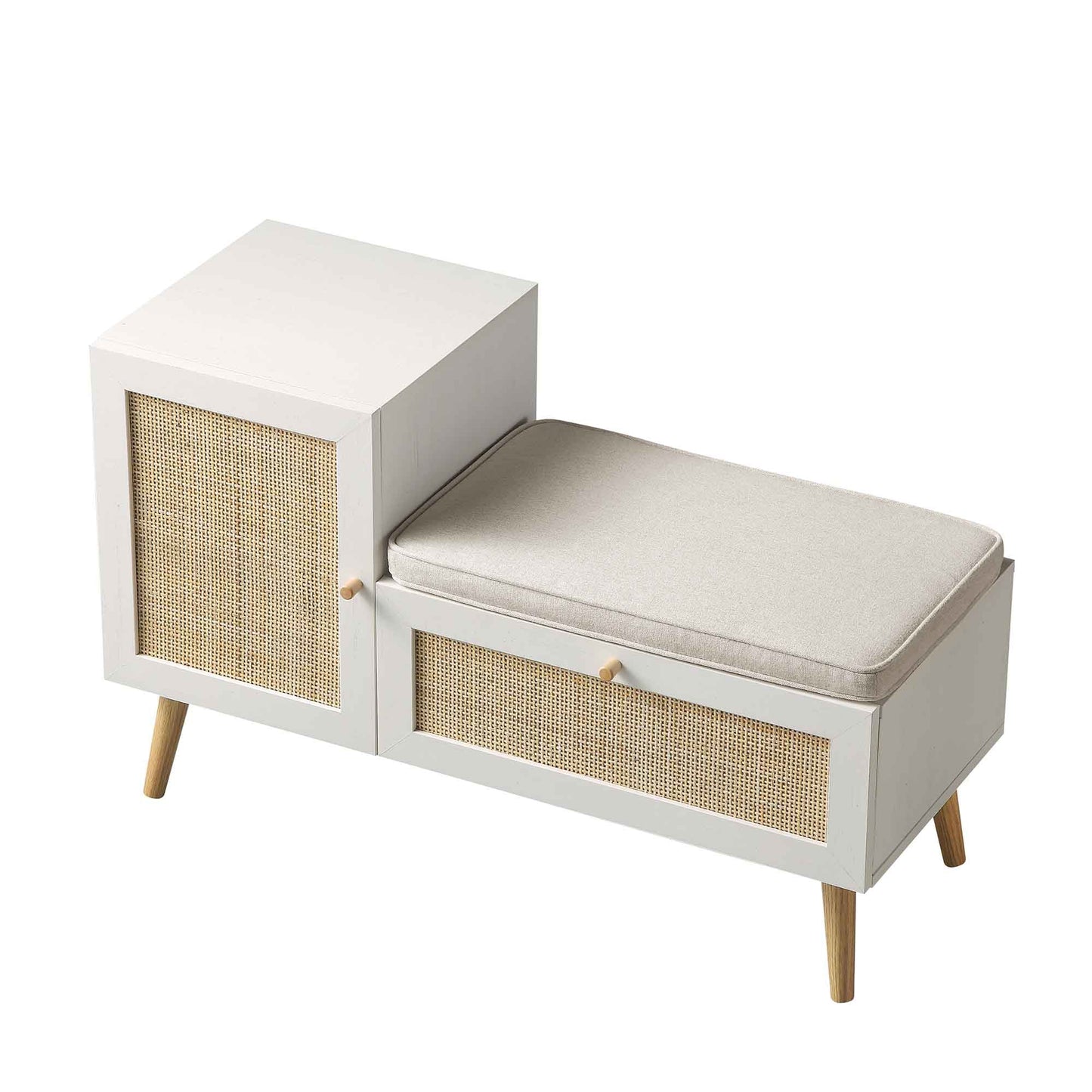 Banc de rangement en rotin tressé Frances avec coussin, blanc