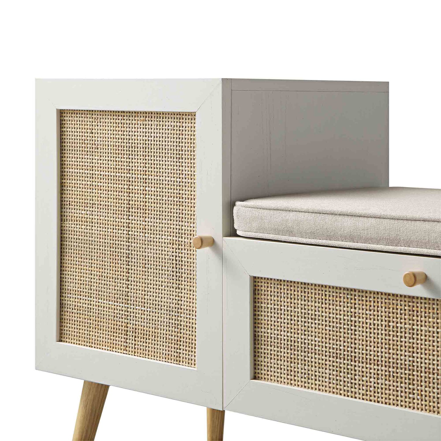 Banc de rangement en rotin tressé Frances avec coussin, blanc