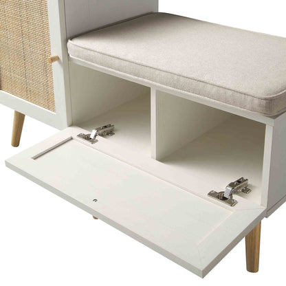 Banc de rangement en rotin tressé Frances avec coussin, blanc