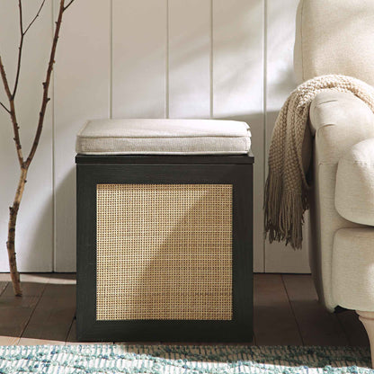 Tabouret de rangement simple en rotin tressé Frances avec coussin, noir
