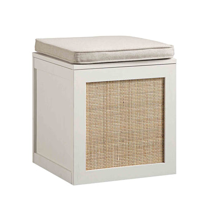 Tabouret de rangement simple en rotin tressé Frances avec coussin, blanc
