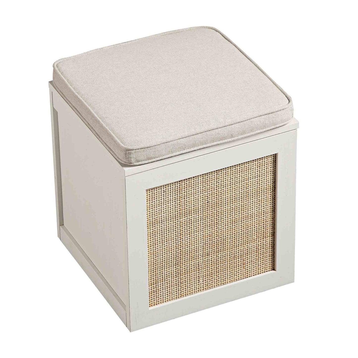 Tabouret de rangement simple en rotin tressé Frances avec coussin, blanc