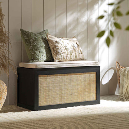 Tabouret de rangement double en rotin tressé Frances avec coussin, noir