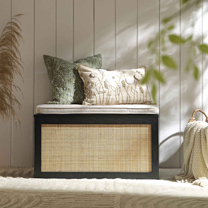 Tabouret de rangement double en rotin tressé Frances avec coussin, noir