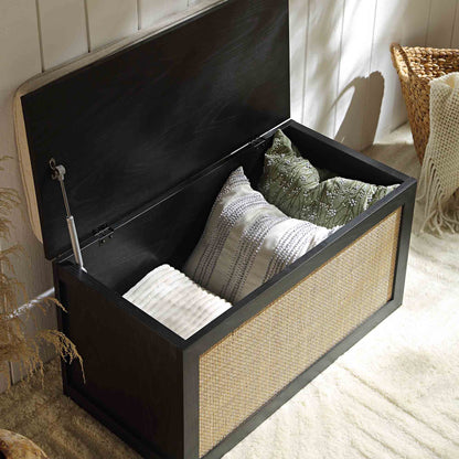 Tabouret de rangement double en rotin tressé Frances avec coussin, noir