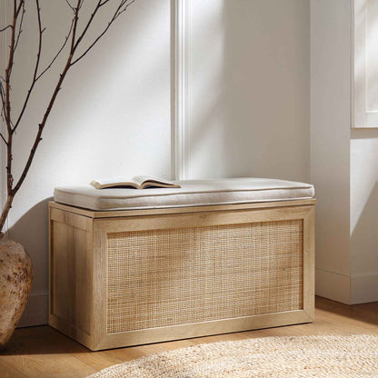 Tabouret de rangement double en rotin tressé Frances avec coussin, naturel