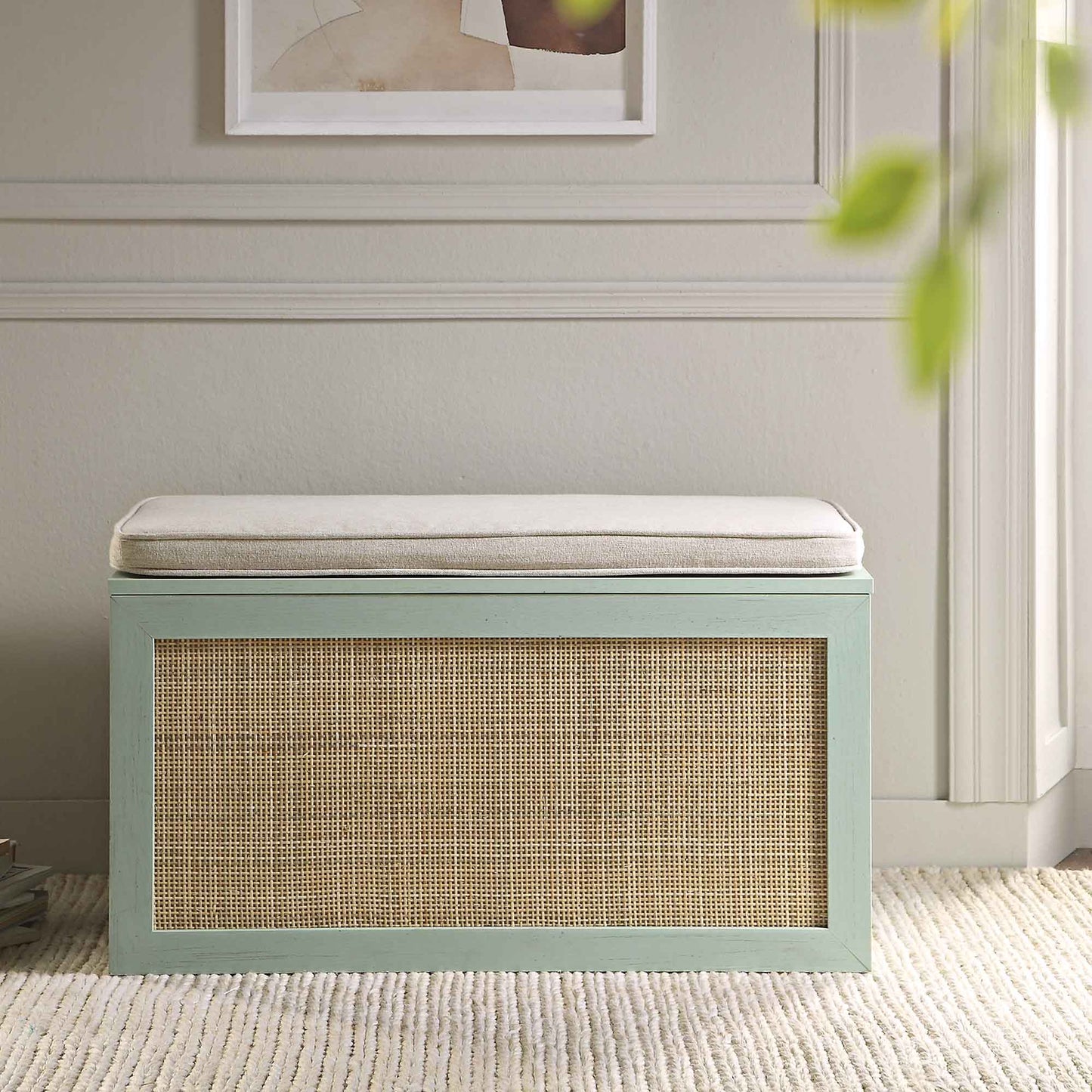 Tabouret de rangement double en rotin tressé Frances avec coussin, menthe