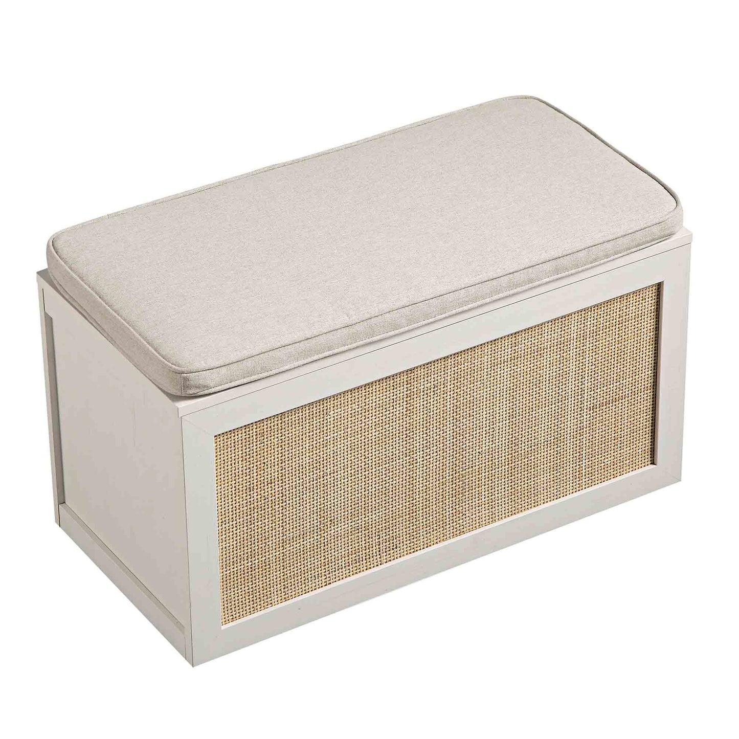 Tabouret de rangement double en rotin tressé Frances avec coussin, blanc