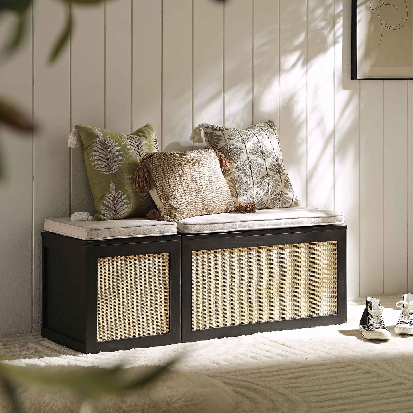 Ensemble de tabourets de rangement triples en rotin tressé Frances avec coussin, noir