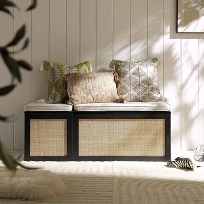 Ensemble de tabourets de rangement triples en rotin tressé Frances avec coussin, noir