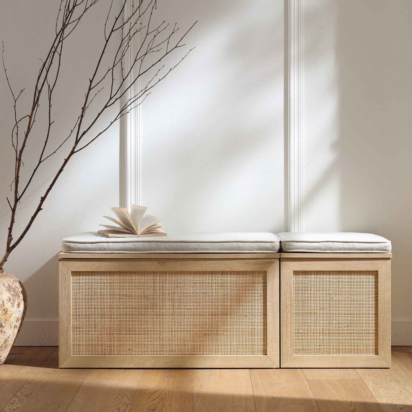 Ensemble de tabourets de rangement triples en rotin tressé Frances avec coussin, naturel