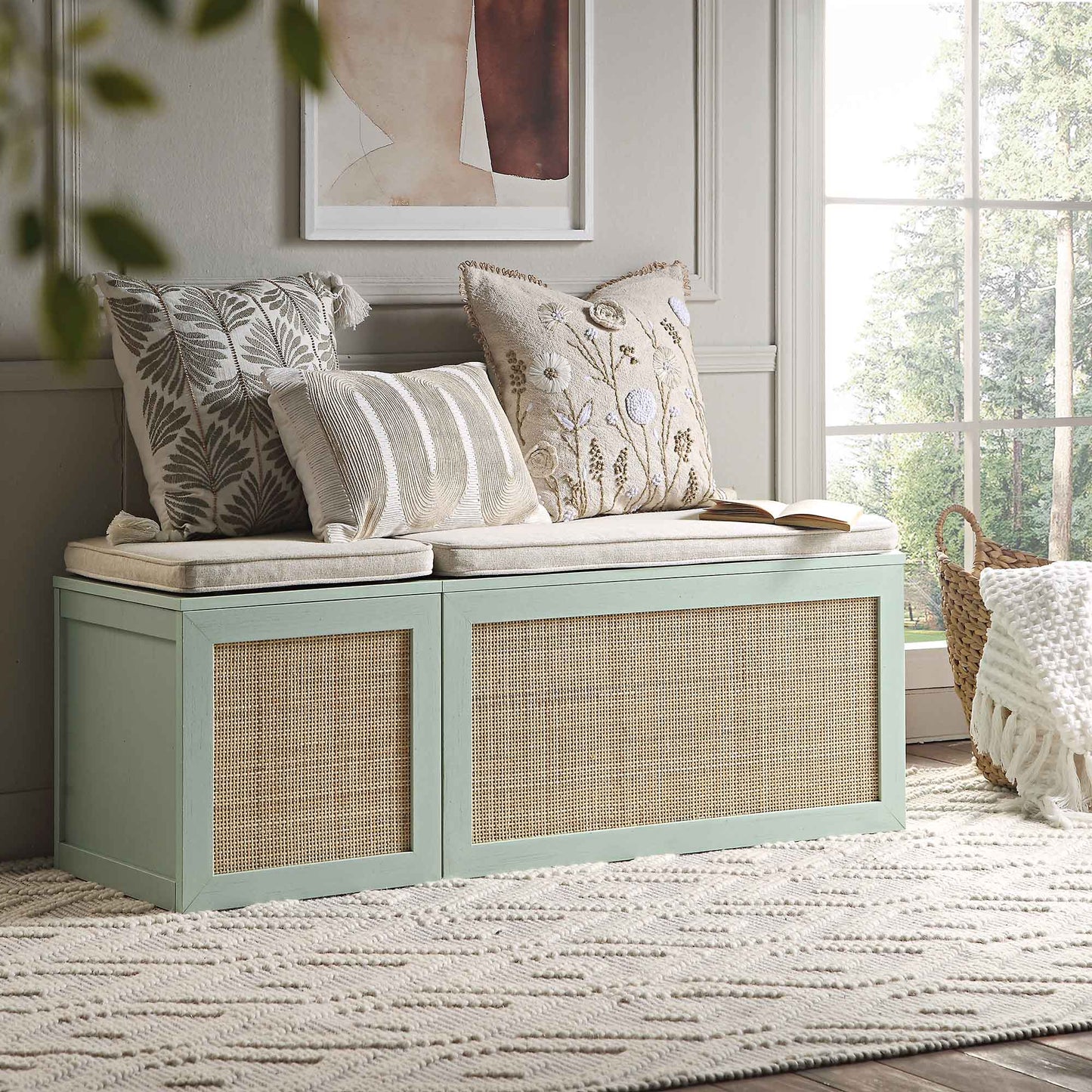 Ensemble de tabourets de rangement triples en rotin tressé Frances avec coussin, menthe