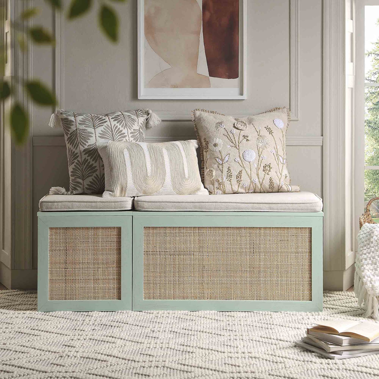 Ensemble de tabourets de rangement triples en rotin tressé Frances avec coussin, menthe