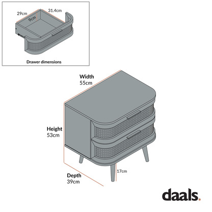 Table de chevet Izzy en rotin courbé à 2 tiroirs, noyer
