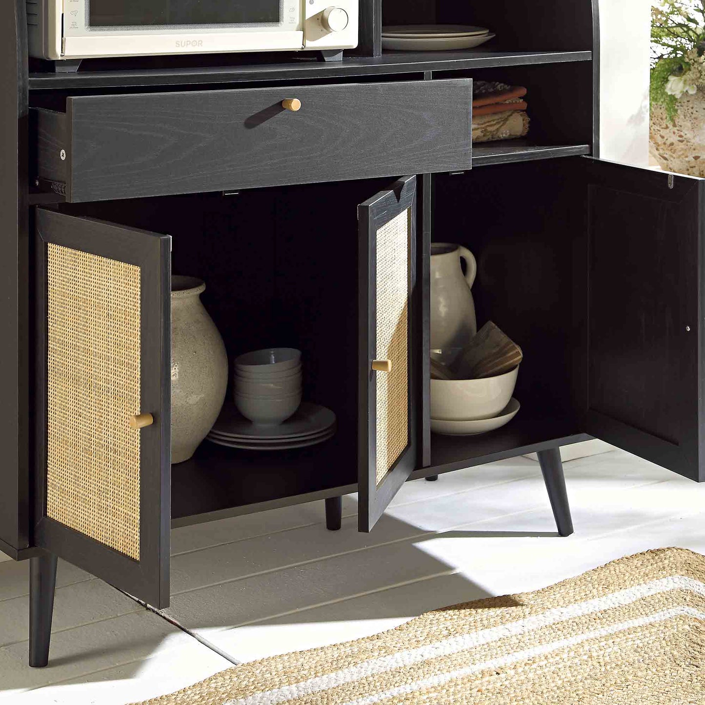 Meuble de cuisine en rotin tressé Frances, noir