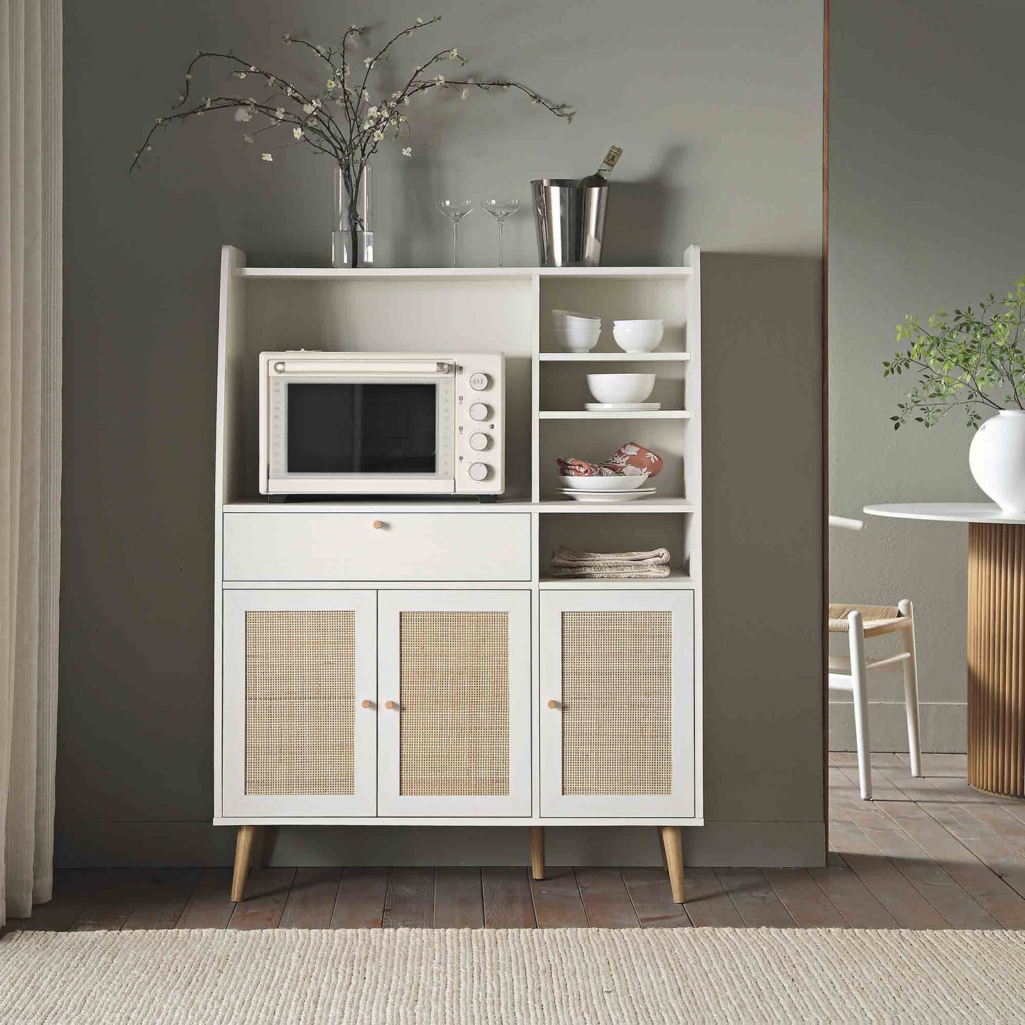 Meuble de cuisine en rotin tressé Frances, blanc