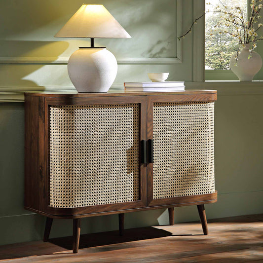 Petit buffet 2 portes en rotin courbé Izzy, noyer