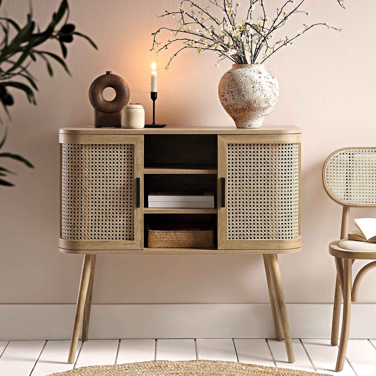 Buffet 2 portes en rotin courbé Izzy, naturel