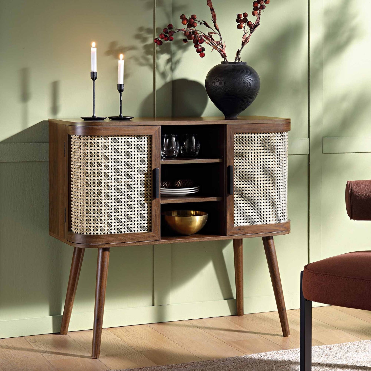 Buffet 2 portes en rotin courbé Izzy, noyer