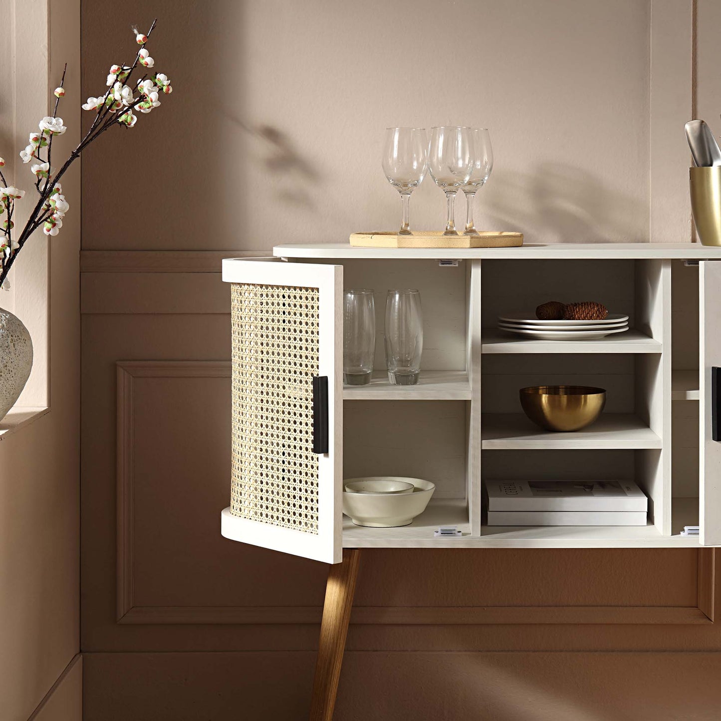 Buffet 2 portes en rotin courbé Izzy, blanc