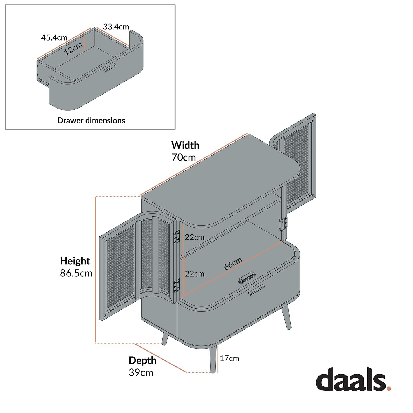 Petit buffet Izzy en rotin incurvé à 1 tiroir, blanc