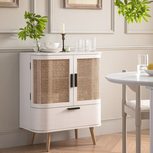 Petit buffet Izzy en rotin incurvé à 1 tiroir, blanc